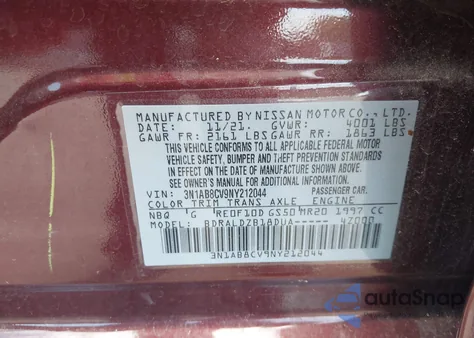 2022 Nissan Sentra Sv Xtronic Cvt z USA, uszkodzony, nr VIN 3N1AB8CV9NY212044